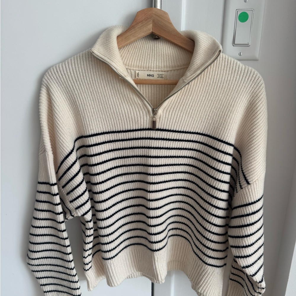 Mango Women's Striped Cowl Neck Sweater in Cream and Black